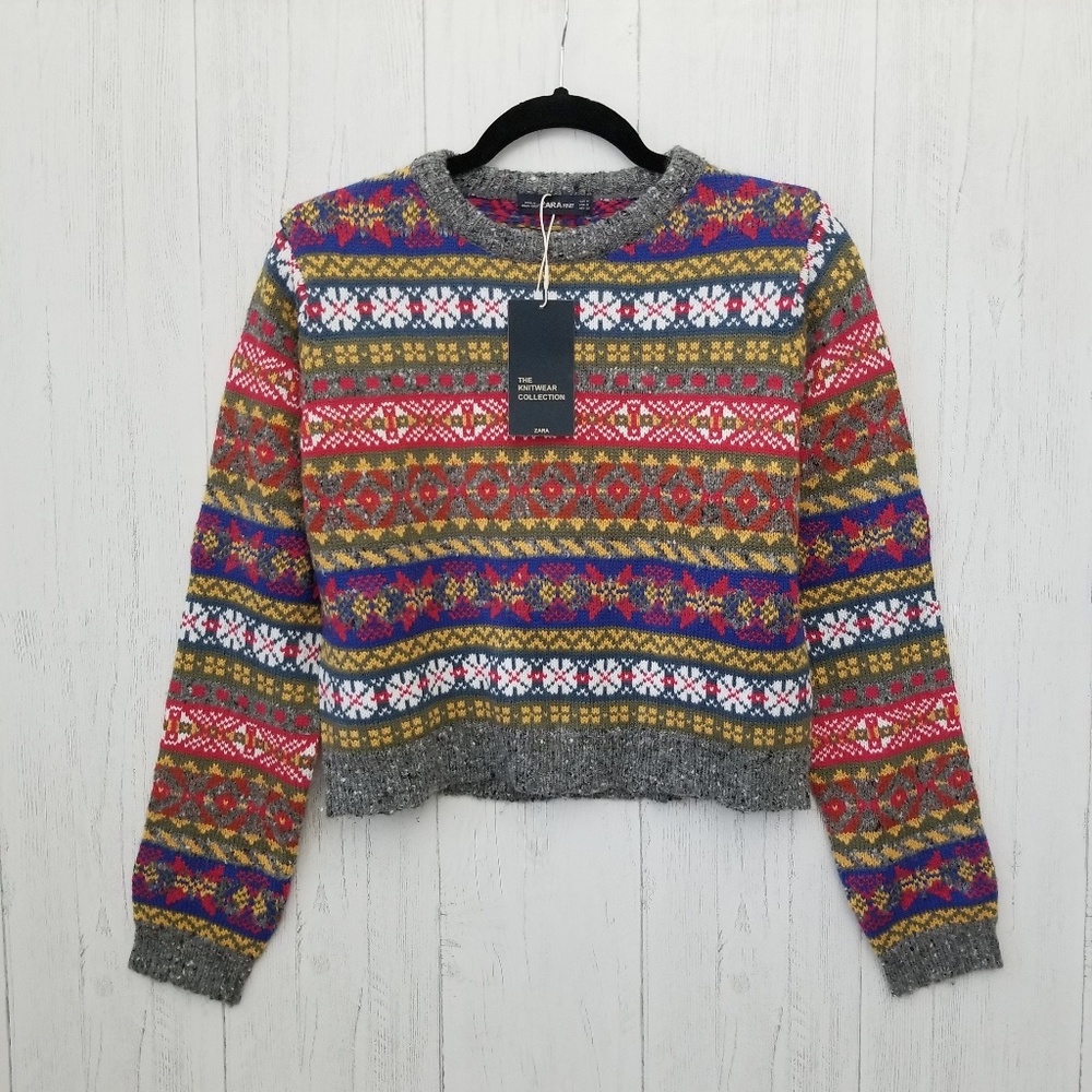 NWT Zara Cropped Jacquard Fair Isle Sweater Medium